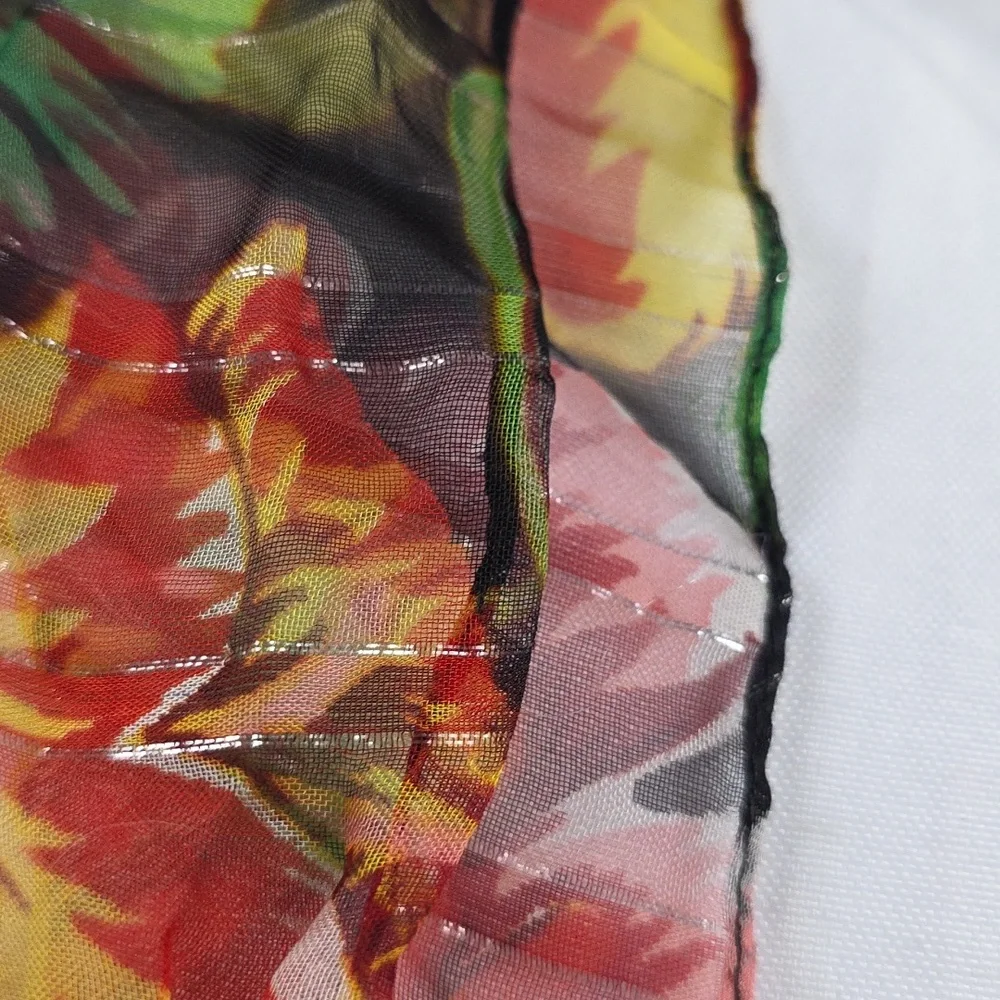 Vibrant Colorful Floral‎ Sheer Scarf Beach Wrap Silver Threads 40in EUC